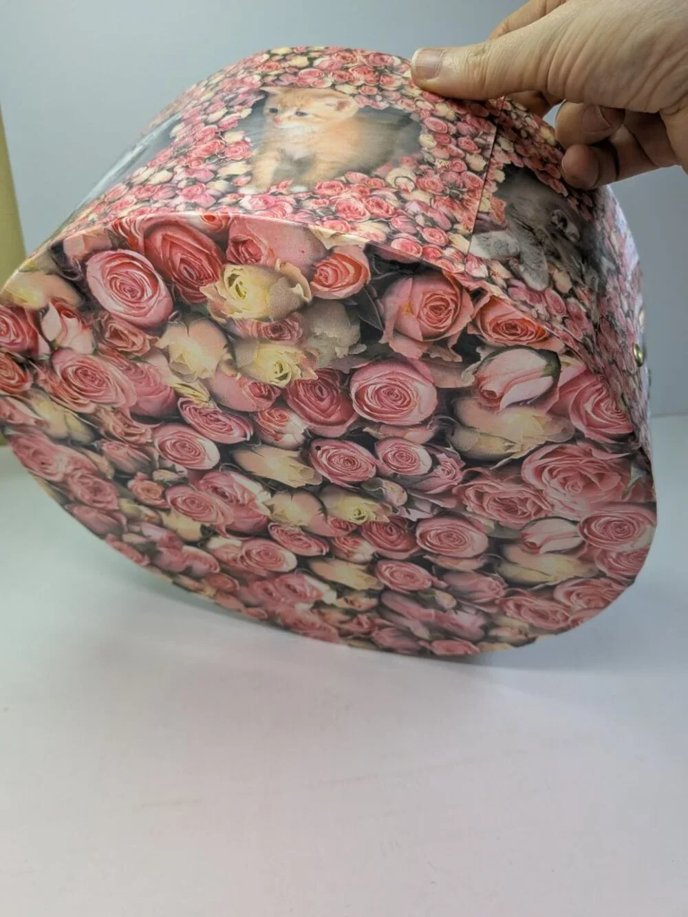 Vintage Large Round Kitten & Pink Roses Cardboard Hat Box Storage 12